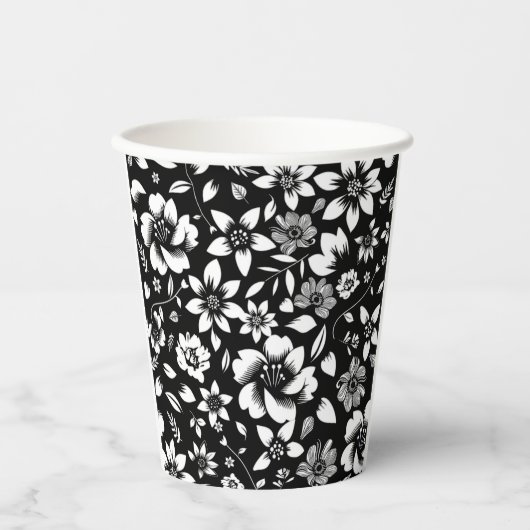 Gobelets En Papier Blanc noir Feuilles floraux modernes soufflant (Recto)