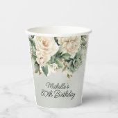 Gobelets En Papier Blanc Sage Vert Floral Or 80e anniversaire (Recto)