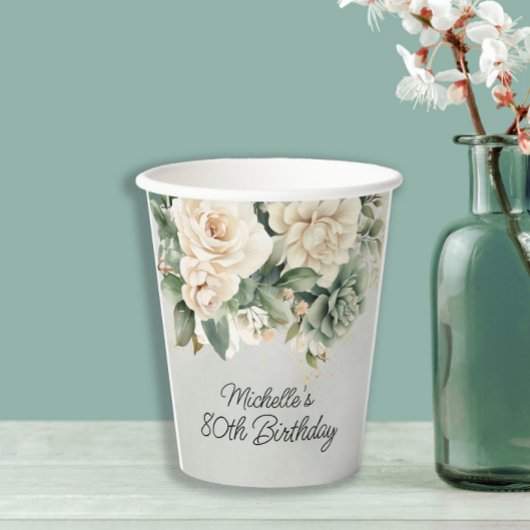 Gobelets En Papier Blanc Sage Vert Floral Or 80e anniversaire