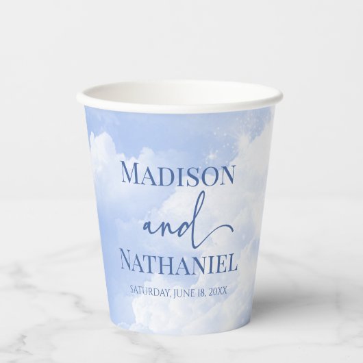 Gobelets En Papier Bleu Blanc Étincelle Nuages Rêveur Élégant Mariage (Recto)