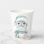 Gobelets En Papier Bleu Blanc Père Noël Écharpe Sceau Noël (Recto)