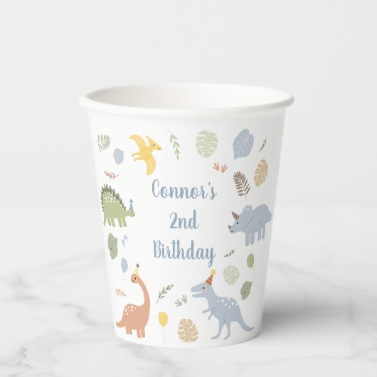 Gobelets En Papier Bleu Boy Boho Dinosaur Anniversaire (Recto)