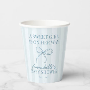 Gobelets En Papier Bleu Coquette Bow Pastel Baby shower rayé