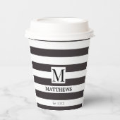 Gobelets En Papier Bleu de la marine Nautique Bleu rayures Nom de fam (Recto)