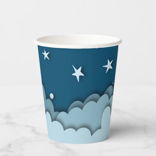 Gobelets En Papier Bleu foncé avec nuages et étoiles Baby shower (Verso)