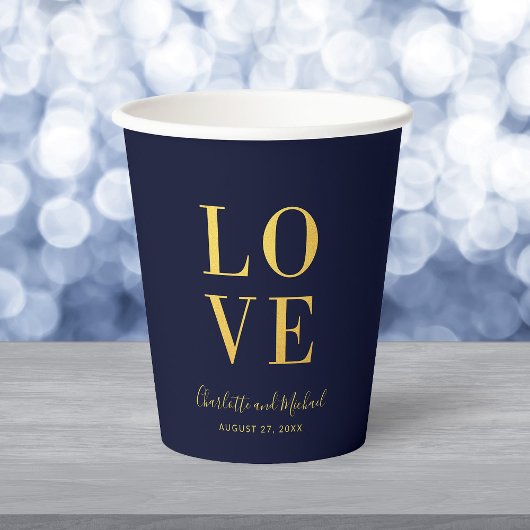Gobelets En Papier Bleu foncé Faux Gold Love