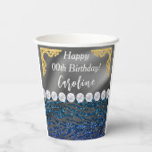 Gobelets En Papier Bleu foncé Zèbre Imprimer & Or Argent Anniversaire (Verso)