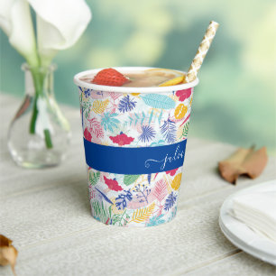 Gobelets En Papier Bleu marine Rose Forêt tropicale sauvage Evergreen