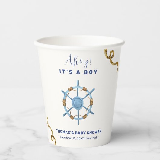Gobelets En Papier Bleu moderne Ahoy Nautical Boy Baby shower (Recto)