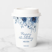 Gobelets En Papier Bleu moderne Rose verdure fleurie Anniversaire (Verso)