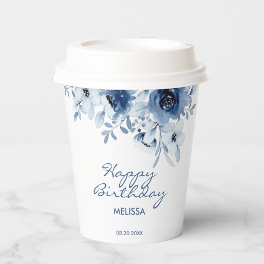 Gobelets En Papier Bleu moderne Rose verdure fleurie Anniversaire (Recto)