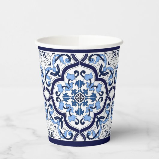 Gobelets En Papier Bleu Orné Floral Méditerranéen Carrelage Sicilien (Gauche)