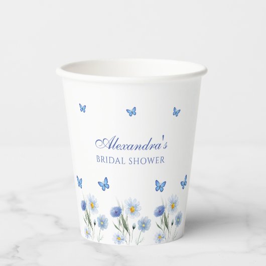Gobelets En Papier Bleu papillon Floral Fleur sauvage Fête des mariée (Recto)