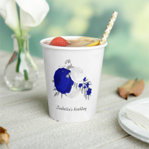 Gobelets En Papier bleu royal & fleurs blanches argent
