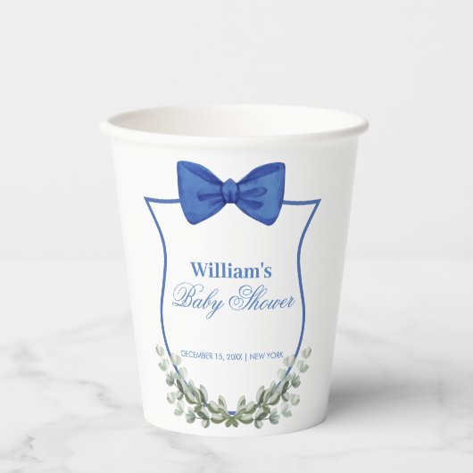 Gobelets En Papier Bleu simple Bow Eucalyptus Crest Boy Baby shower (Recto)