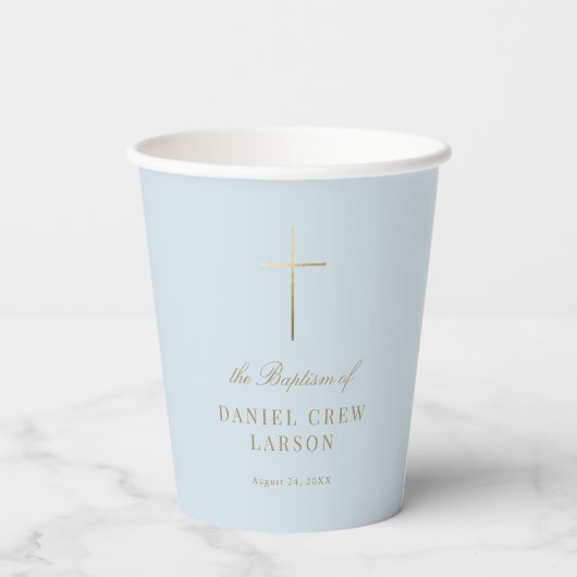 Gobelets En Papier Bleu Simple Elegant Croix Or Baptême Christening (Verso)
