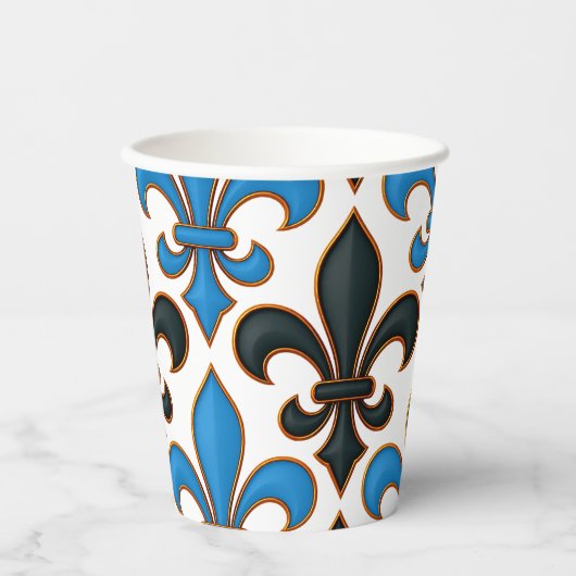 Gobelets En Papier Blue Black Baroque Fleur-de-lis Pattern Design  (Recto)