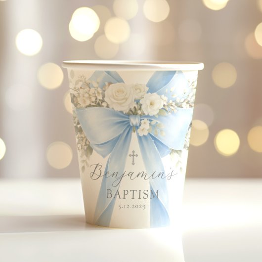 Gobelets En Papier Blue Bow Baby Boy Baptism Eucalyptus