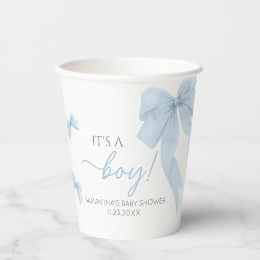 Gobelets En Papier Blue Bow C'Est Un Baby shower Garçon (Recto)