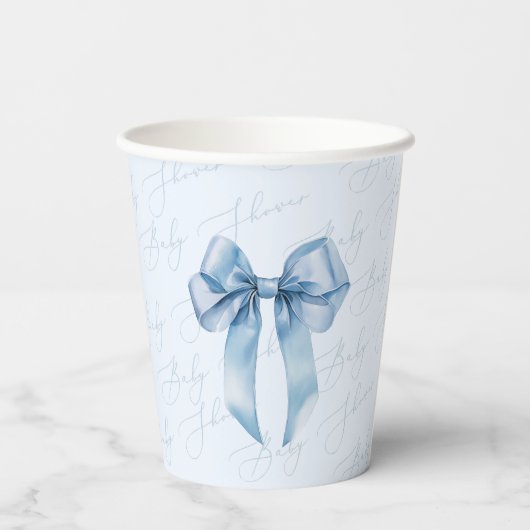 Gobelets En Papier Blue Bow Elegant calligraphie Baby shower garçon (Verso)