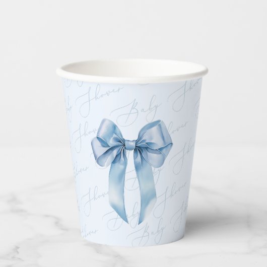Gobelets En Papier Blue Bow Elegant calligraphie Baby shower garçon (Recto)