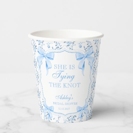 Gobelets En Papier Blue Bow Elle noue la Fête des mariées de noeud (Recto)