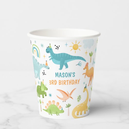 Gobelets En Papier Blue Boy Dinosaur fête d'anniversaire (Recto)