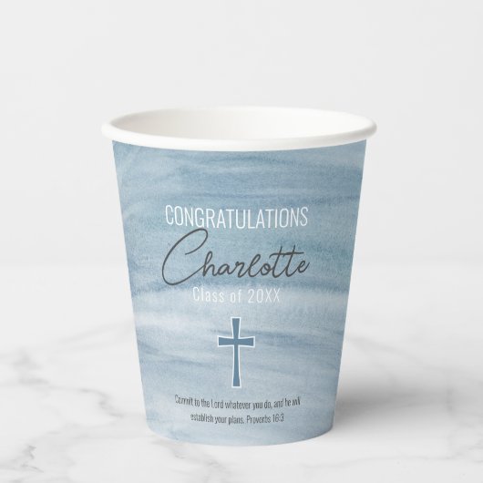 Gobelets En Papier Blue Christian Cross Graduation (Recto)
