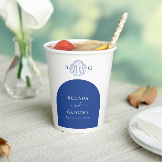 Gobelets En Papier Blue Clam Seashells Coastal Seaside Beach Wedding (Insitu)