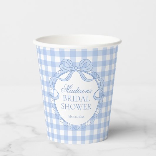 Gobelets En Papier Blue Gingham Coquette Bow Bridal Shower (Recto)
