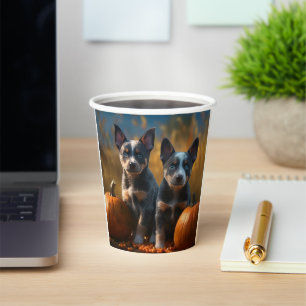 Gobelets En Papier Blue Heeler Chiot Automne Citrouille de plaisir