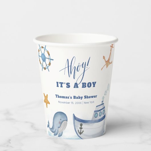 Gobelets En Papier Blue Modern Ahoy Boy Whale Baby shower (Verso)