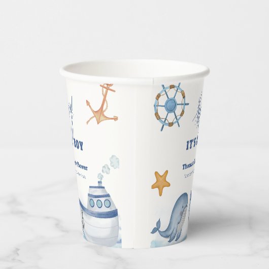 Gobelets En Papier Blue Modern Ahoy Boy Whale Baby shower (Droite)