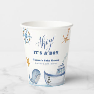Gobelets En Papier Blue Modern Ahoy Boy Whale Baby shower