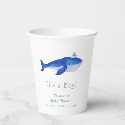 Gobelets En Papier Blue Modern Boy Under the Sea Whale Baby shower (Recto)