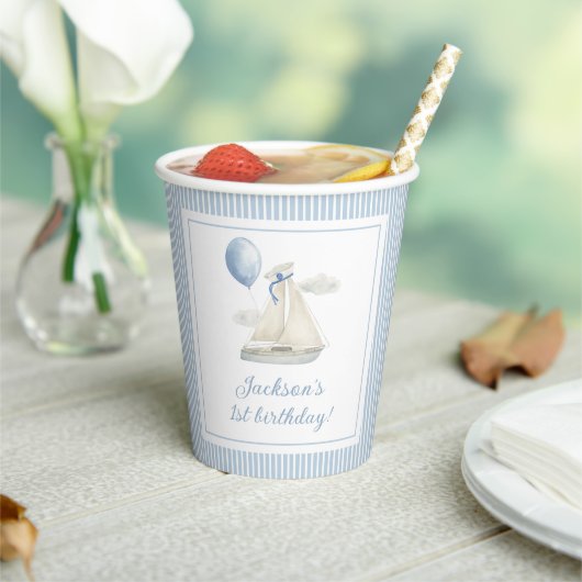 Gobelets En Papier Blue Pastel Nautical Sail Bateau 1er Anniversaire (Insitu)