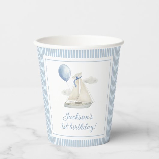 Gobelets En Papier Blue Pastel Nautical Sail Bateau 1er Anniversaire (Recto)