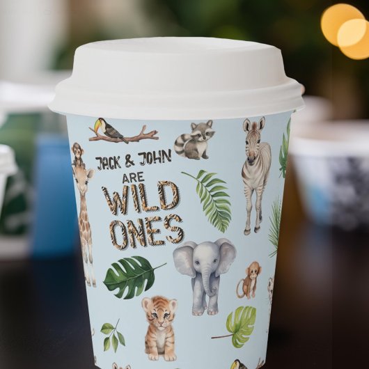 Gobelets En Papier Blue Safari Animaux, Twins WIld ONes 1er anniversa