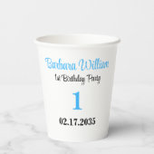 Gobelets En Papier Blue Script First Birthday Custom Party (Verso)