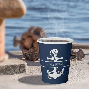 Gobelets En Papier Blue Wave Ancre Mariage Wht/Navy ID836