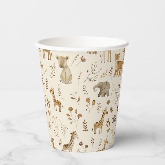Gobelets En Papier Boho Blanc Beige Jungle Animaux (Recto)