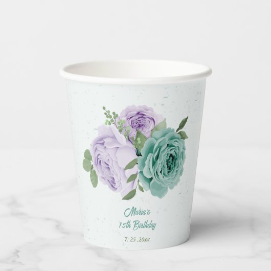 Gobelets En Papier boho bleu violet fleurs verdure (Verso)