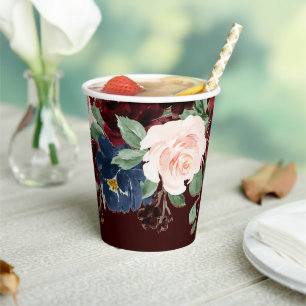 Gobelets En Papier Boho Bloom Rouge Élégant Foncé et Bleu Nuit