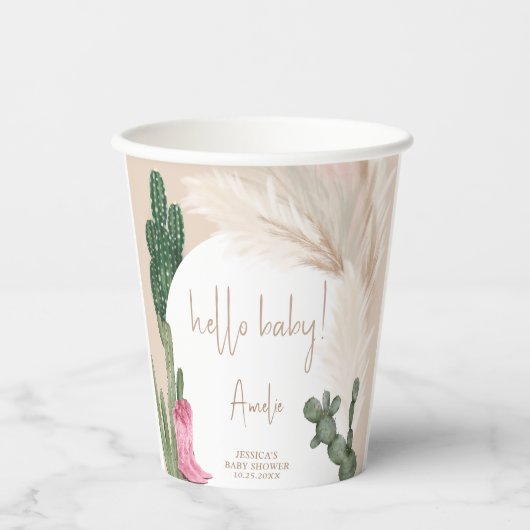 Gobelets En Papier Boho cactus pampas bottes bonjour baby shower (Recto)