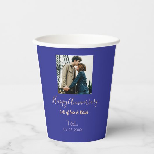 Gobelets En Papier Boho moderne heureux anniversaire ajouter nom bleu (Recto)