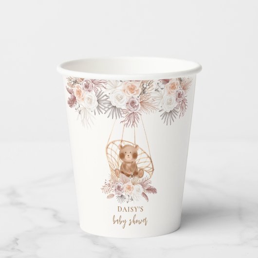 Gobelets En Papier Boho Pampas Fleur Teddy Bear Baby shower (Verso)