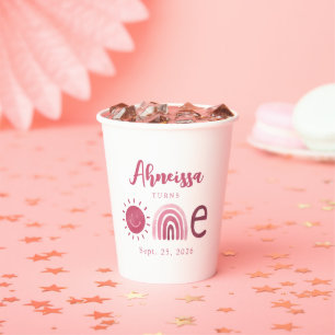 Gobelets En Papier Boho rose arc-en-ciel moderne soleil premier anniv