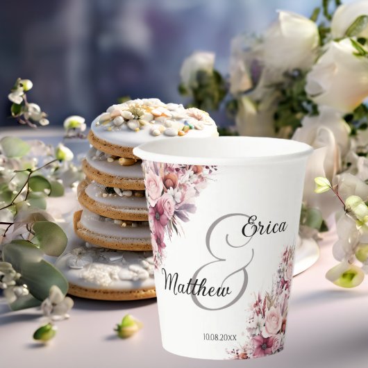 Gobelets En Papier Boho rose Dusty Floral Mariage de script moderne
