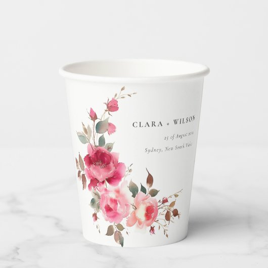 Gobelets En Papier Boho Rouge Rose Fleurs Mariage d'aquarelle (Verso)