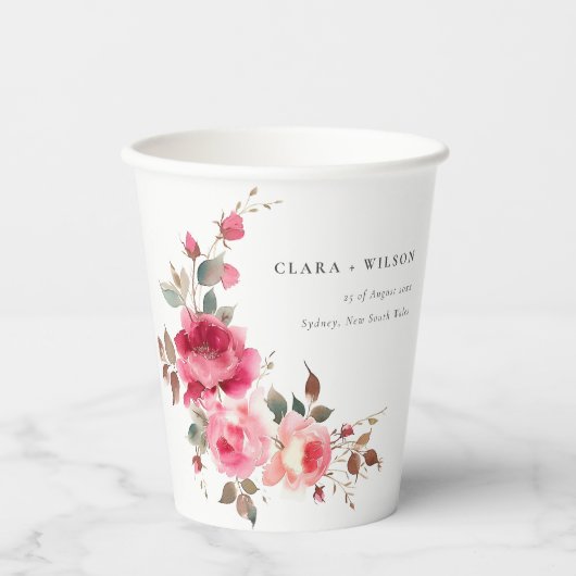 Gobelets En Papier Boho Rouge Rose Fleurs Mariage d'aquarelle (Recto)